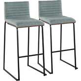 Mason Mara 30" Bar Stool in Black Metal, Walnut Wood & Green Fabric (Set of 2)